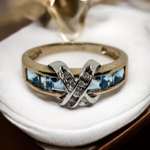 10K Yellow White Gold Blue Topaz Diamond Ring Sz 7 Weight 2.88gm
